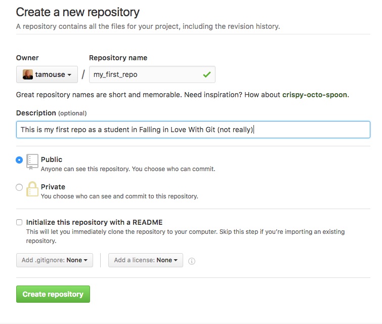 Github Filled out new repository form with my_first_repo